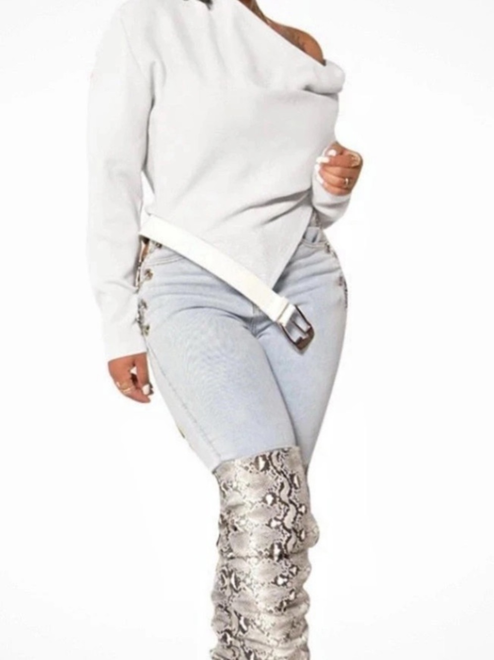 Monse Leather Belt Cut Out Knitted Top gray and White